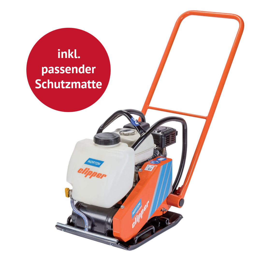 TOP DEAL - Norton Clipper Vorwärtslaufende Rüttelplatte CFP13 inkl. 1x gratis passender Vulkollan®-Schutzmatte