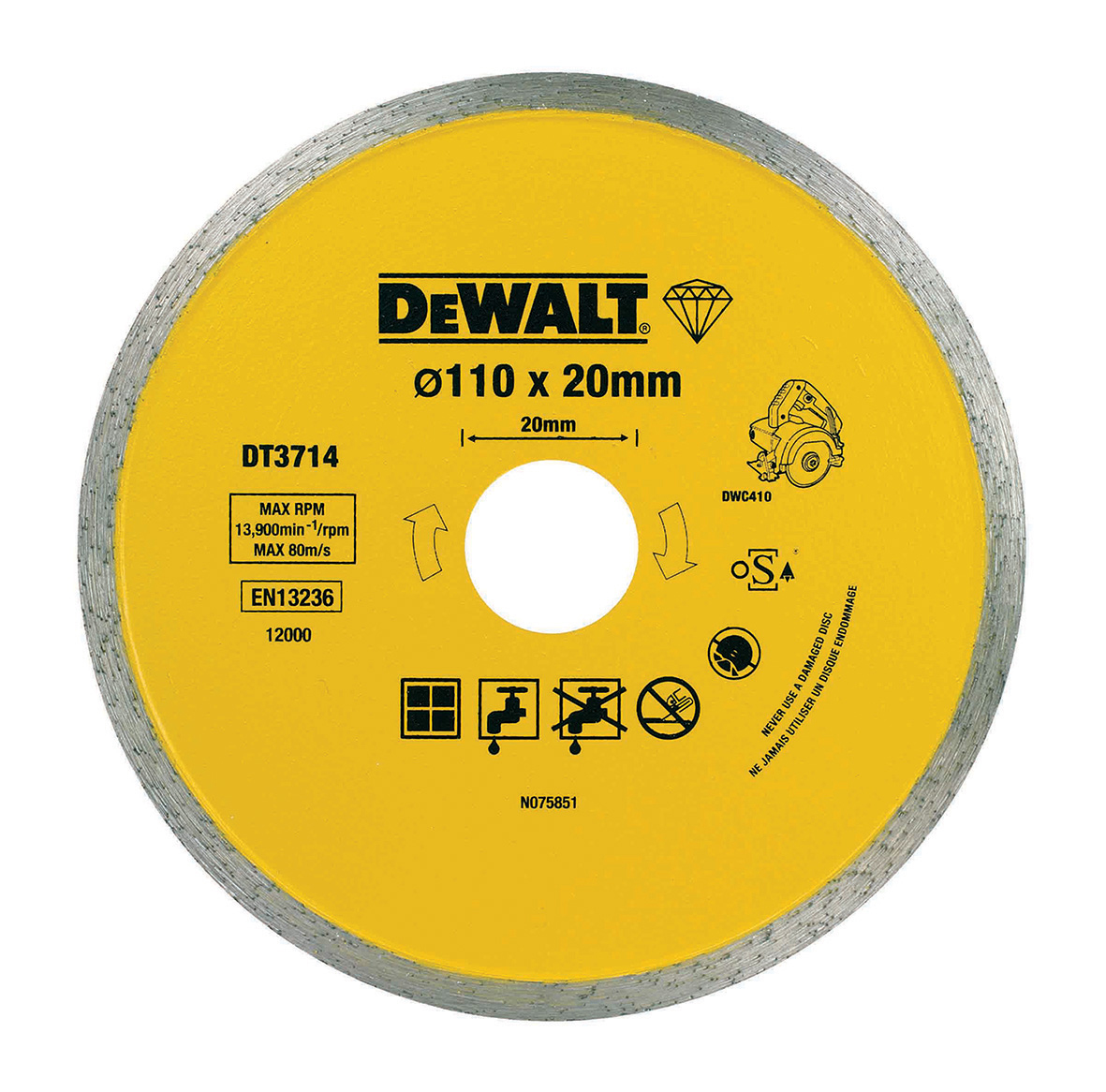 DEWALT DT3714-QZ Diamanttrennscheibe DWC410 Fliesen 110 mm