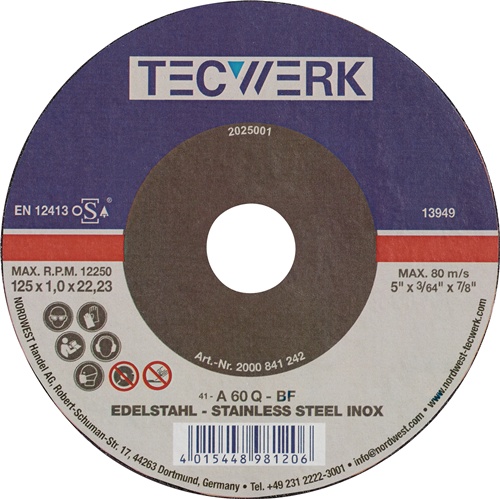 TECWERK Trennscheibe INOX D125x1mm ger.INOX Bohr.22,23mm  TECWERK Trennscheibe INOX D125x1mm ger.INOX Bohr.22,23mm