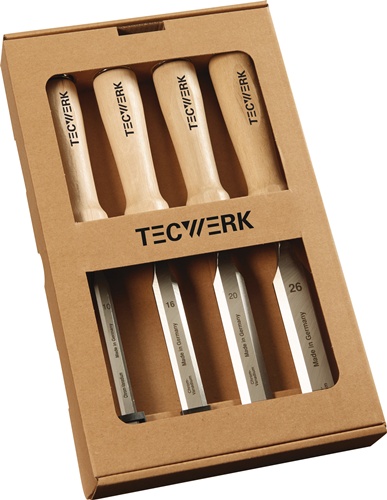 TECWERK Stechbeitelsatz 10,16,20,26mm Weißbuchenh.Ulmer Form 4-tlg.Fensterkarton 